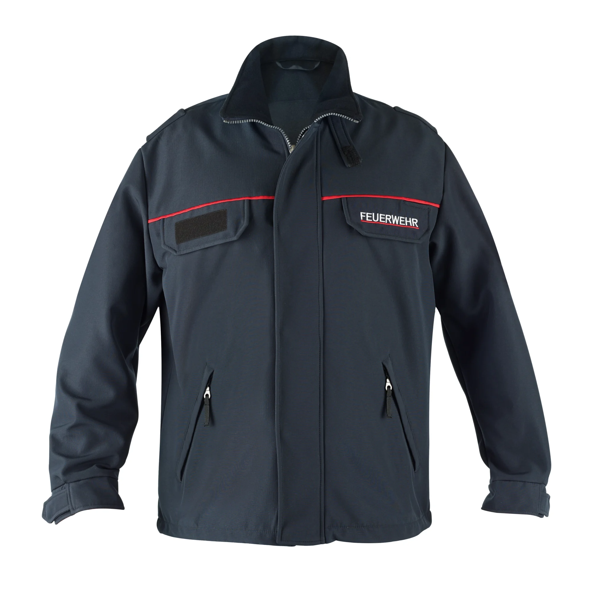 dunkelblaue Softshelljacke der Feuerwehr Hessen von Büttner Fire Fashion mit Feuerwehrlogo und roten Leuchtstreifen in der Vorderansicht