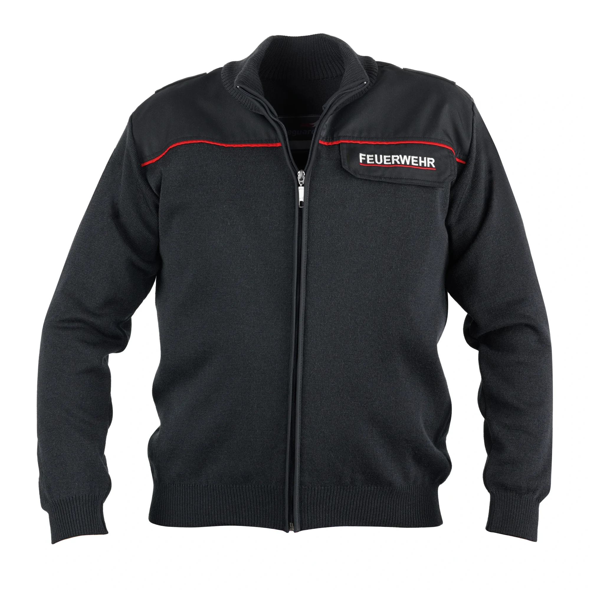 dunkelblaue Strickjacke der Feuerwehr Hessen von Büttner Fire Fashion mit Feuerwehr Logo in der Vorderansicht