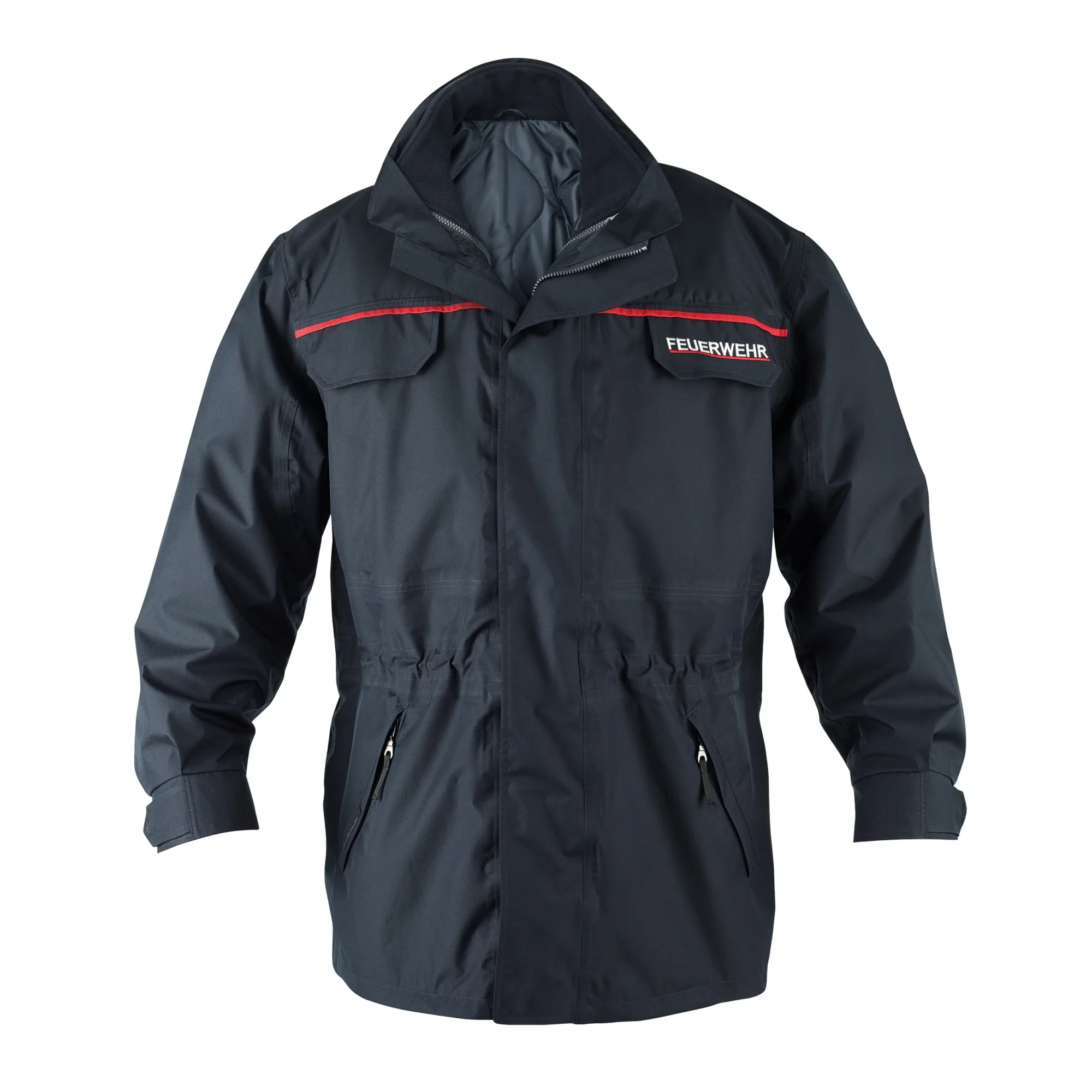 dunkelblaue Wetterschutzjacke der Feuerwehr Hessen von Büttner Fire Fashion mit Feuerwehr Logo und roten Leuchtstreifen in der Vorderansicht